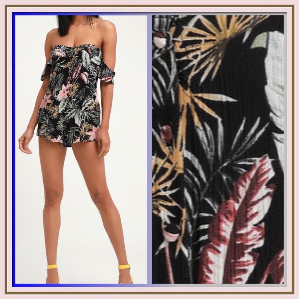 Libre Black Tropical Print Off The Shoulder Romper